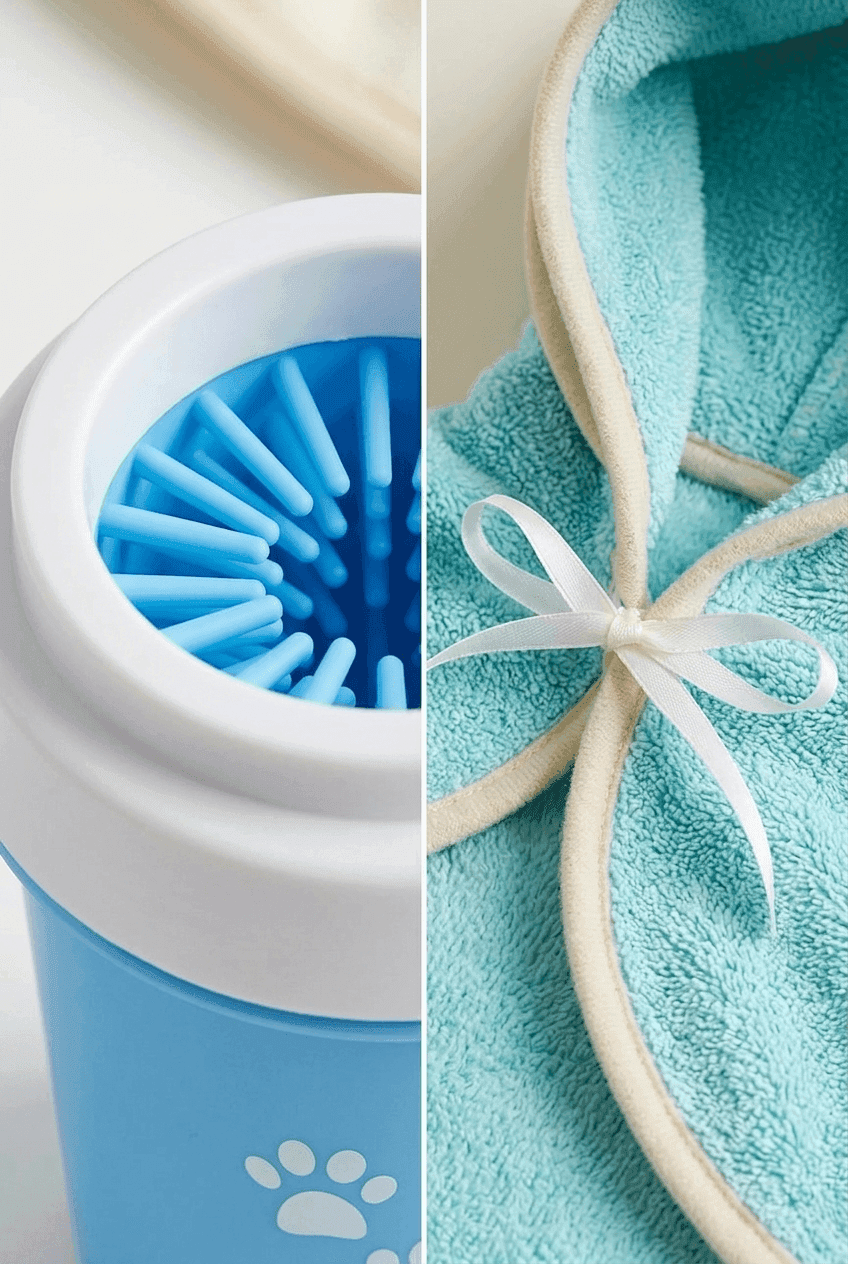 Détail — silicone bleu du nettoyeur et microfibre du peignoir