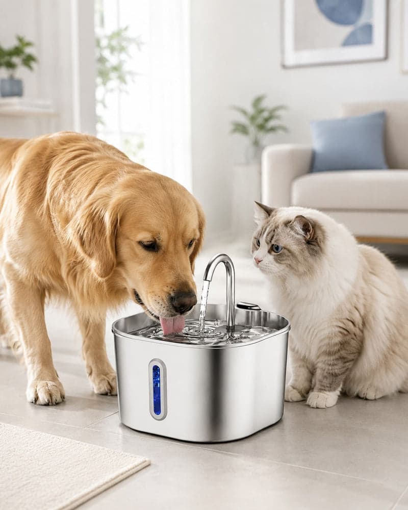 Chien et chat autour de la fontaine inox NOVLI