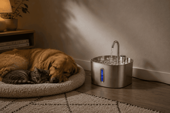 Animaux endormis près de la fontaine inox — preuve de silence