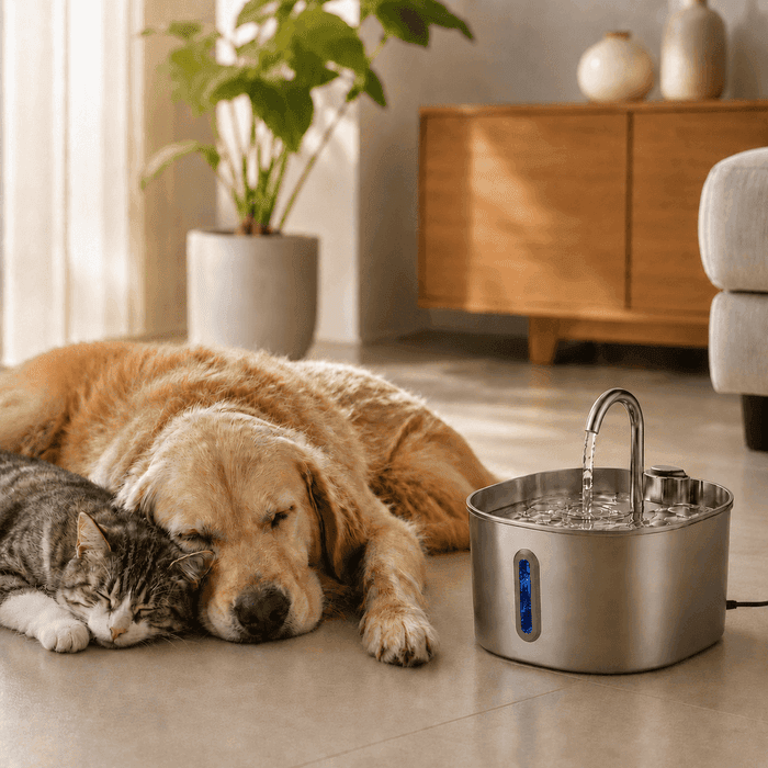 Fontaine inox silencieuse dans un salon lumineux