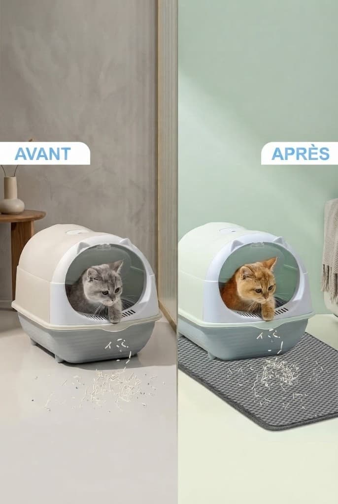 lifestyle avant après tapis litière grains contenus
